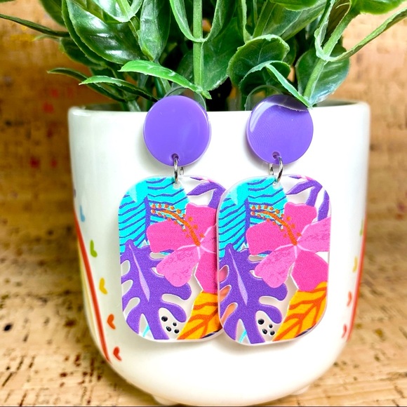Tropical Floral Acrylic Earrings Hawaiian - Picture 1 of 6